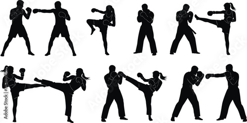 Silhouette collection of male and female martial artists performing karate and kickboxing techniques isolated on white background vector set