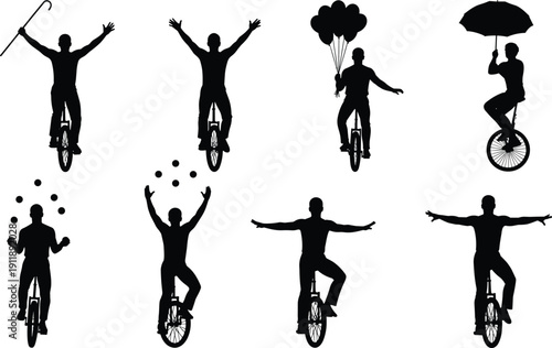 Silhouette set of unicyclist performing circus tricks juggling balls, holding umbrella, balloons and cane isolated on white background vector illustration