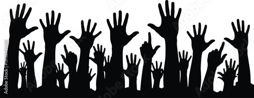 Diverse Crowd of Raised Human Hands Silhouette for Community Volunteering Teamwork Concert Celebration Voting Success and Social Unity Project Graphics, cad drawing flat vector illustration
