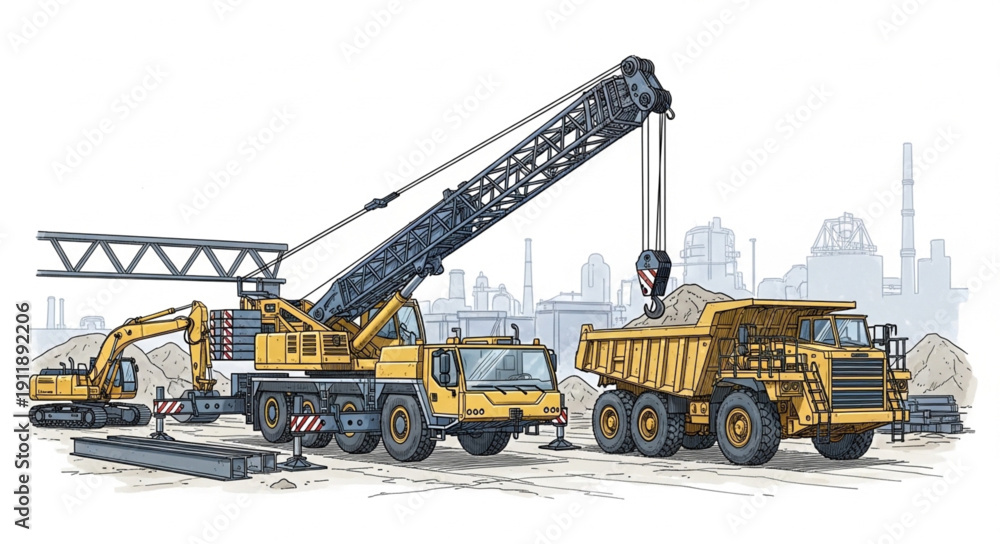 Fototapeta premium Heavy Machinery Construction Equipment Trucks.