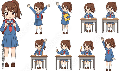 Set of Cute Japanese Schoolgirl Character Illustrations in Blue Uniform with Red Scarf Featuring Various Poses Like Sitting at Desk Waving and Walking for Education Design