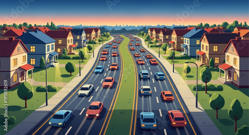 Highway with Cars and Houses.