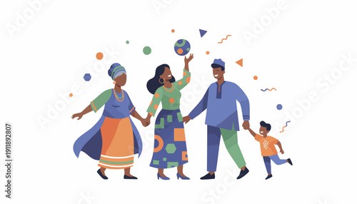 Vibrant multi-generational Black family celebrating cultural heritage and community connection, perfect for corporate DEI and global outreach initiatives.