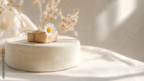 Natural linen podium with kraft box and daisy under twine bow in neutral soft textile background