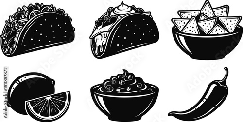 Vector silhouette set of Mexican food featuring tacos with toppings a bowl of nachos spicy chili pepper guacamole dip and fresh lime wedges, (24 words)