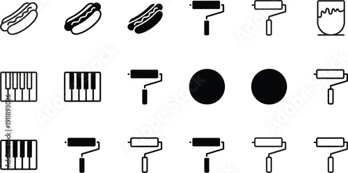 Hot dog piano roller and circle icons set in solid and outline vector collection