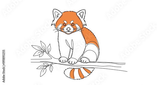 Cute Red Panda Sitting on a Tree Branch, Stylized Outline Drawing