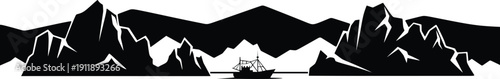 Minimalist Mountain Landscape Silhouette with Fishing Boat