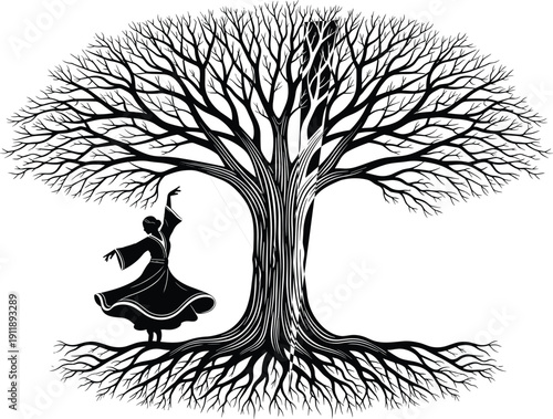 Tree of life silhouette with whirling dervish dancer, mystical oak tree with deep roots and bare branches, sufism dance concept, spiritual nature vector,