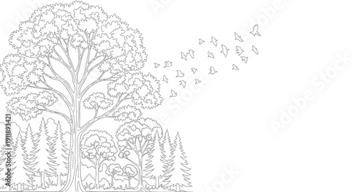 Stylized Forest Scene with Large Tree and Flying Birds Silhouette