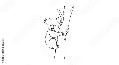 Minimalist Koala Climbing Tree Line Art Drawing, Cute Australian Animal Illustration