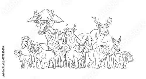 Herd of Farm Animals and Wild Ungulates Sketch Outline