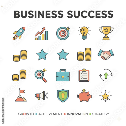 A collection of business success icons representing growth, achievement, and strategy in a modern illustration style.