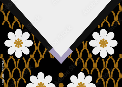 Traditional japanese kimono collar pattern with white flowers and golden waves on black background