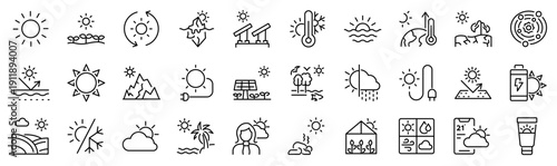 Set of 30 outline icons related to sun. Linear icon collection. Editable stroke. Vector illustration