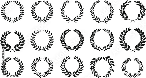 A collection of black laurel wreaths arranged in a grid pattern on a white background