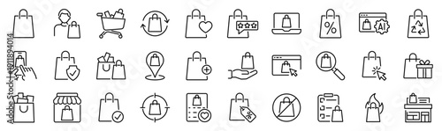 Set of 30 outline icons related to shopping bag. Linear icon collection. Editable stroke. Vector illustration
