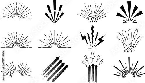 A collection of stylized black and white explosion and burst vector illustrations