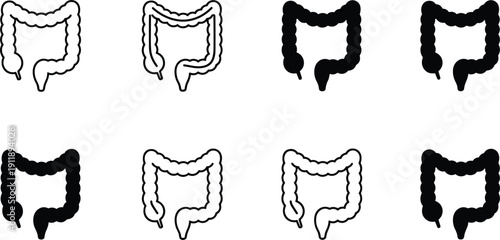 Human large intestine colon icon set in solid and outline medical anatomy vector illustration collection