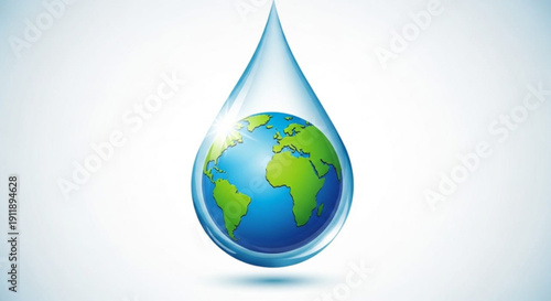 Earth globe inside a water droplet on white background symbolizing water conservation and global environmental protection