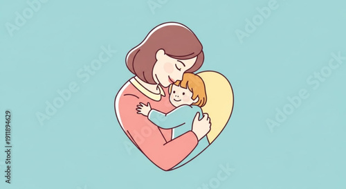 Mother tenderly hugging her baby love and care heartwarming moment affectionate embrace family bonding sweet illustration pastel colors heart shape loving parenthood nurturing