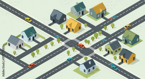Isometric Neighborhood with Houses and Roads.