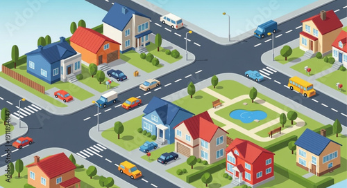 Isometric Neighborhood with Houses and Roads.