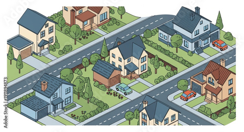 Isometric Neighborhood with Houses and Roads.