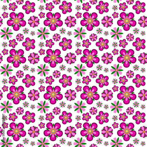 Seamless pattern of pink and crimson flowers of different sizes on a white field.