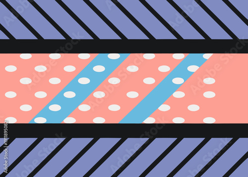 Abstract geometric pattern with colorful horizontal bands and polka dot details in pastel shades.