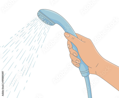 Hand Holding Shower Head Vector Illustration, Stream Of Water Flowing From Showerhead, Bathroom Hygiene And Personal Care Concept.