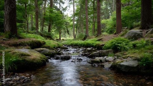 A serene forest stream flows over moss covered rocks and through lush greenery