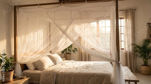 Cozy bedroom with white mosquito net and natural light from windows 
