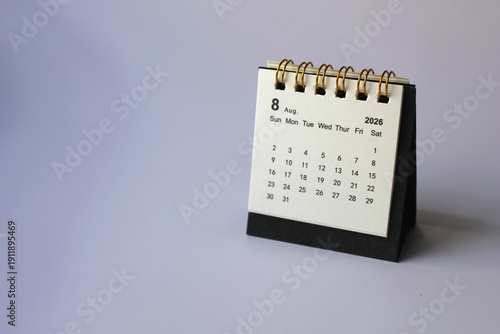 August,Monthly calendar template for the new year 2026 desk calendar,isolated on white background.