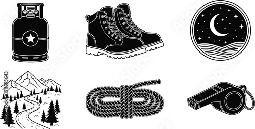 Black and white camping adventure icon set with hiking boots, gas cylinder, mountain landscape, rope knot, whistle and night badge illustration collection