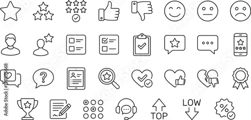 Customer Review and Feedback Vector Icons - Minimalist Outline Set for Ratings, Surveys, and User Satisfaction on Transparent background