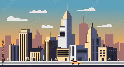 Modern cityscape vector illustration with skyscrapers and a car on a street at sunset