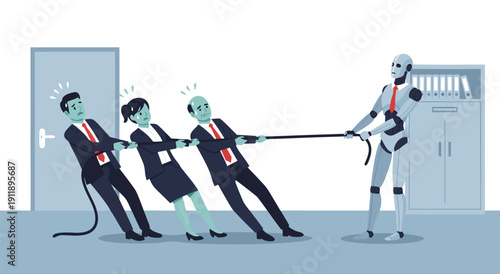 Vector illustration of business people in a tug of war against a robot symbolizing artificial intelligence and automation