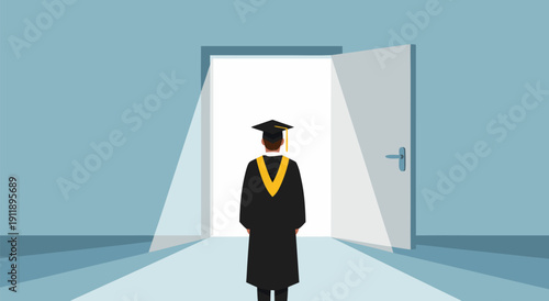 Graduation vector illustration symbolizing new opportunities and bright future through open door
