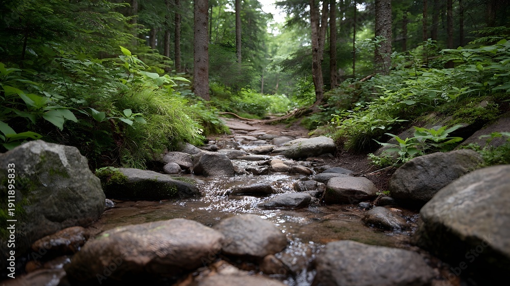 Fototapeta premium A forest path with a stream trickling over stones amidst lush greenery