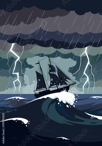 Vector illustration of a vintage ship battling a stormy sea with lightning and large waves