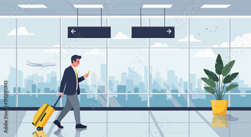Modern airport interior vector illustration of a businessman with luggage walking by large windows with a cityscape view