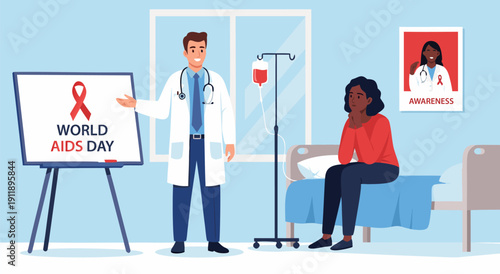 World AIDS Day awareness vector illustration with doctor and patient in hospital room