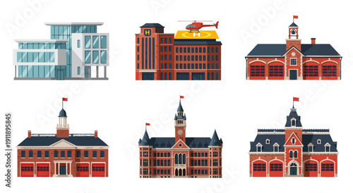 Modern architecture and classic buildings vector illustration, a set of city structures with a helicopter