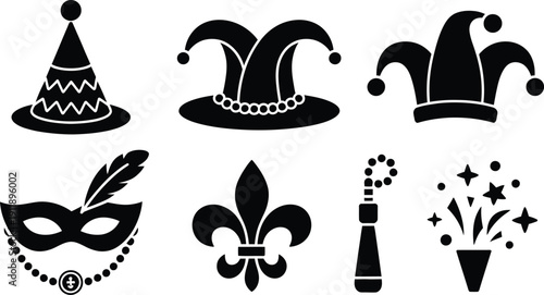 Classic mardi gras and carnival celebration symbols in black and white design