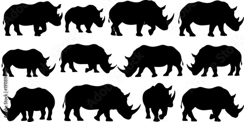 Multiple black rhino silhouettes in various poses on a clean background viewed from the side