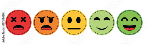 Colorful Mood Rating Icon Vector, Five-Emoji Emotion Scale From Sad, Neutral, To Happy For Feedback, Surveys, And Digital Interface Interaction.