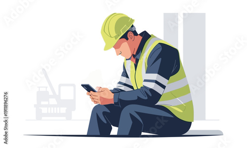 A clean vector illustration of a construction worker in a high-visibility yellow vest and a matching hard hat. The worker is sitting down, leaning forward, and checking his smartphone. In the backgrou