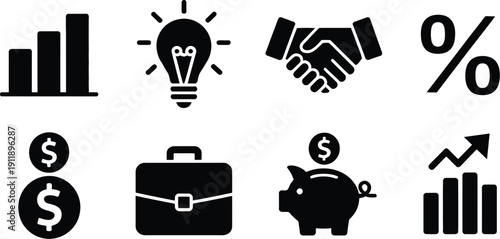 Containing innovation, business plan, investment, launch, funding, investor and entrepreneurship icons. Solid icon collection.