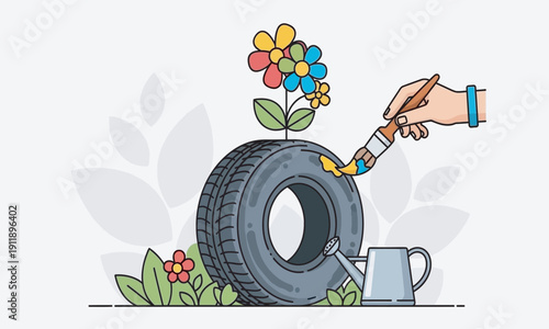 A creative DIY upcycling project showing a hand painting an old tire to turn it into a garden planter, with colorful flowers growing out of it and a watering can nearby.
